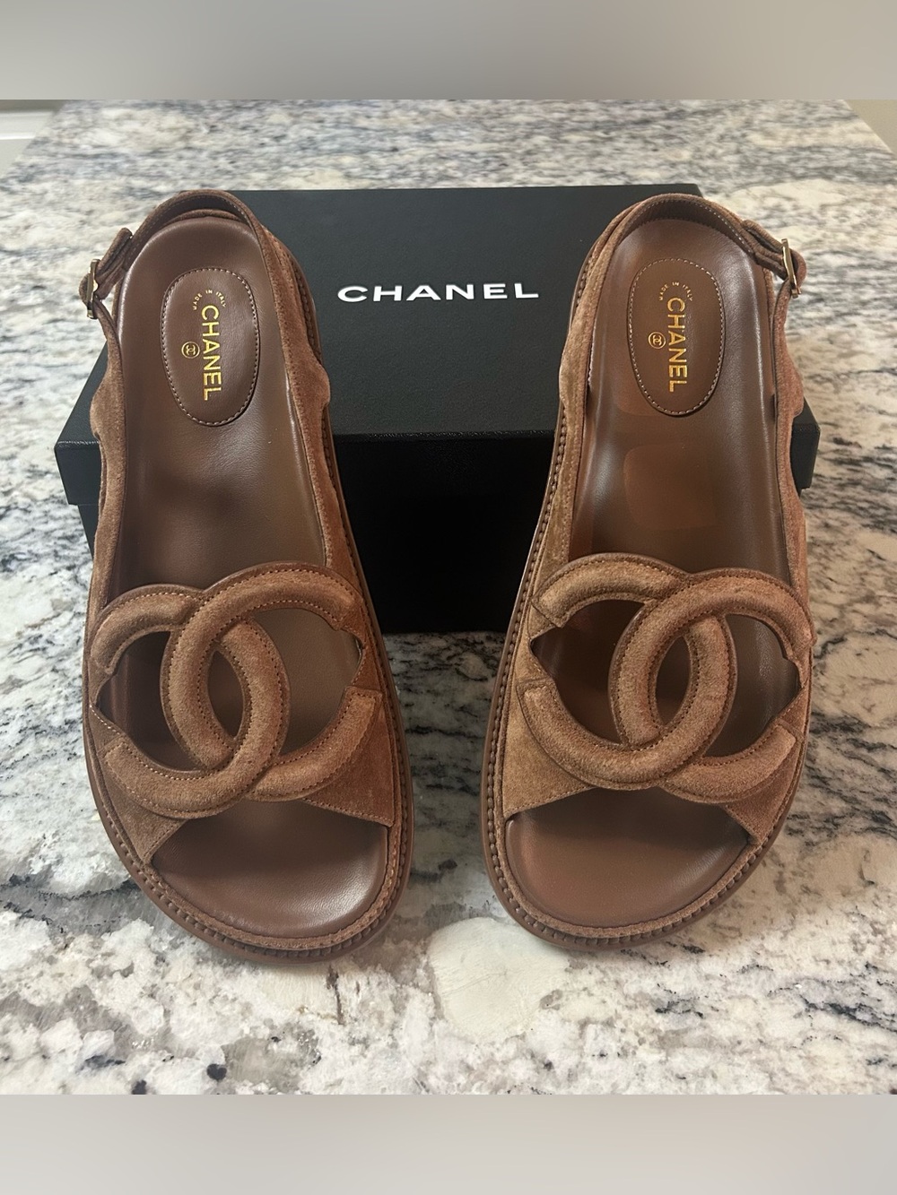 CHANEL Brown Suede Calfskin CC Logo Slingback Sandals NWT